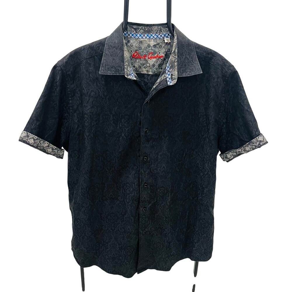 Robert Graham Highland Shirt Mens XL Black Damask Jacquard Short Sleeve Flip
